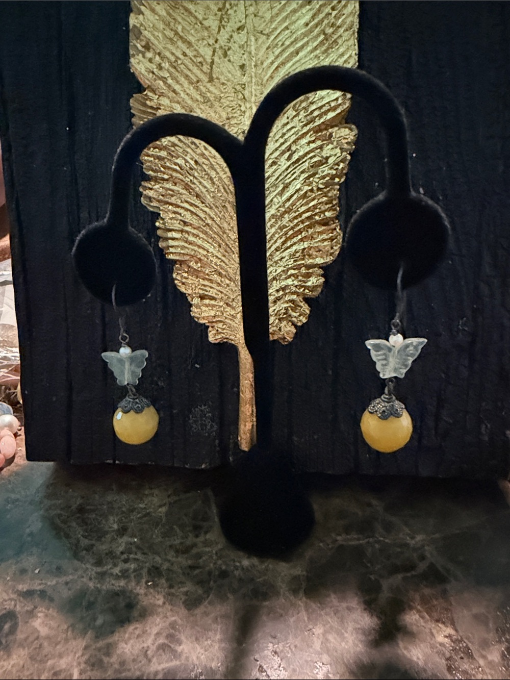 Unique pierced butterfly jade and pearl semi precious sterling silver wires - Picture 9 of 14